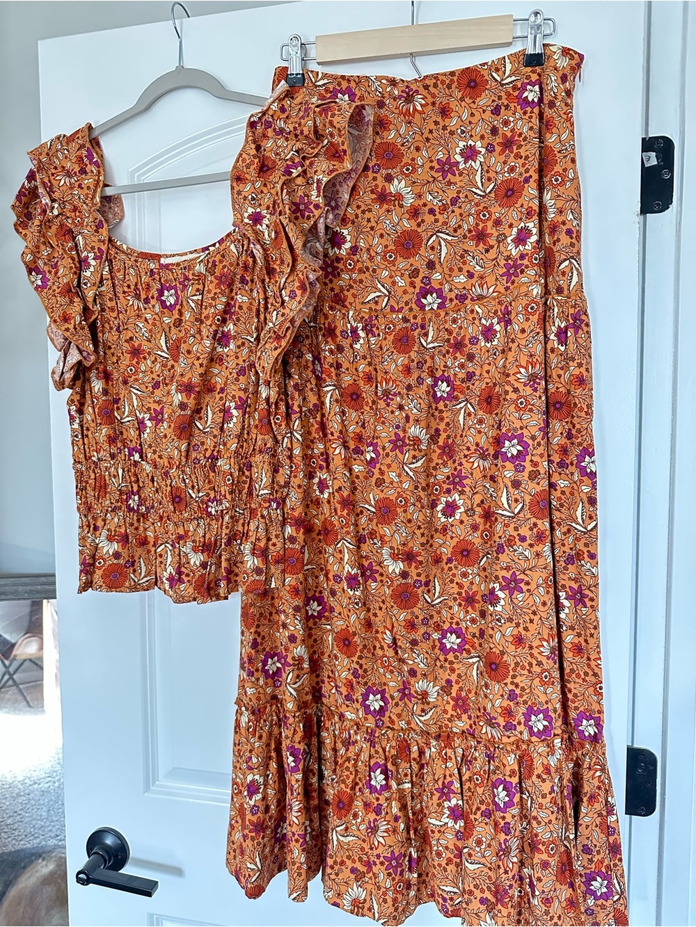Luna Moon Fall Floral Ruffle Maxi Skirt & Top in Rust Orange/Magenta